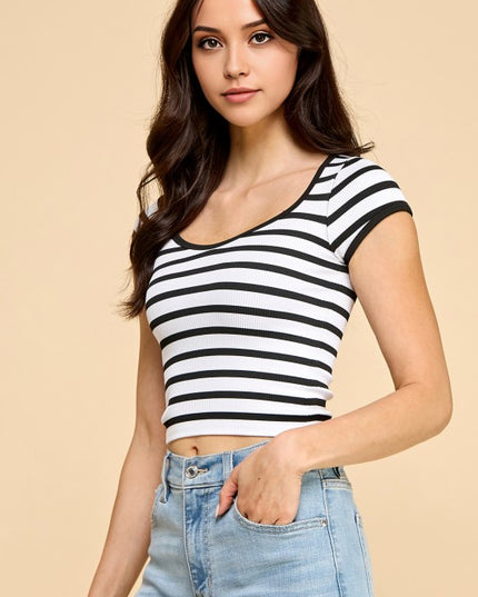 PT31 STRIPE RIBBED SCOOP NECK TOP