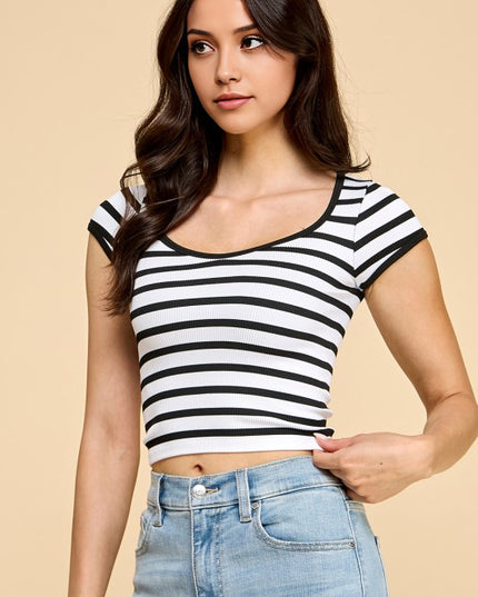 PT31 STRIPE RIBBED SCOOP NECK TOP