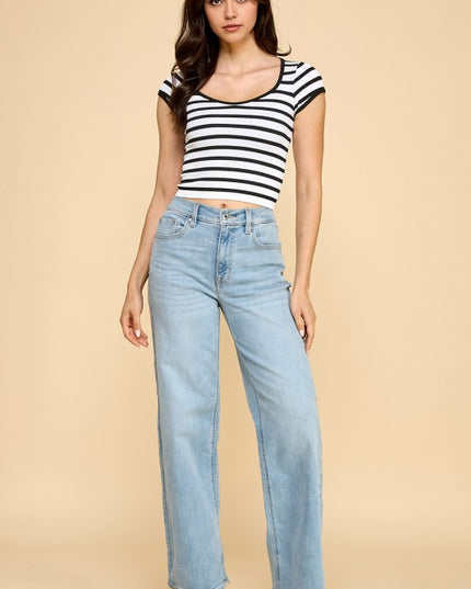PT31 STRIPE RIBBED SCOOP NECK TOP