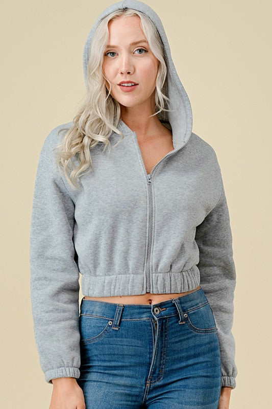 Fleece Hoodie Jacket – Zip Front Band Hem Casual Jacket