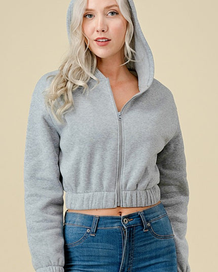 Fleece Hoodie Jacket – Zip Front Band Hem Casual Jacket