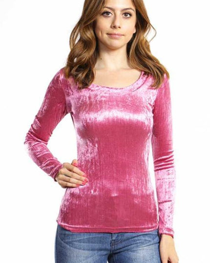 Velvet Round Neck Top – Fitted Stretch Elegant Top