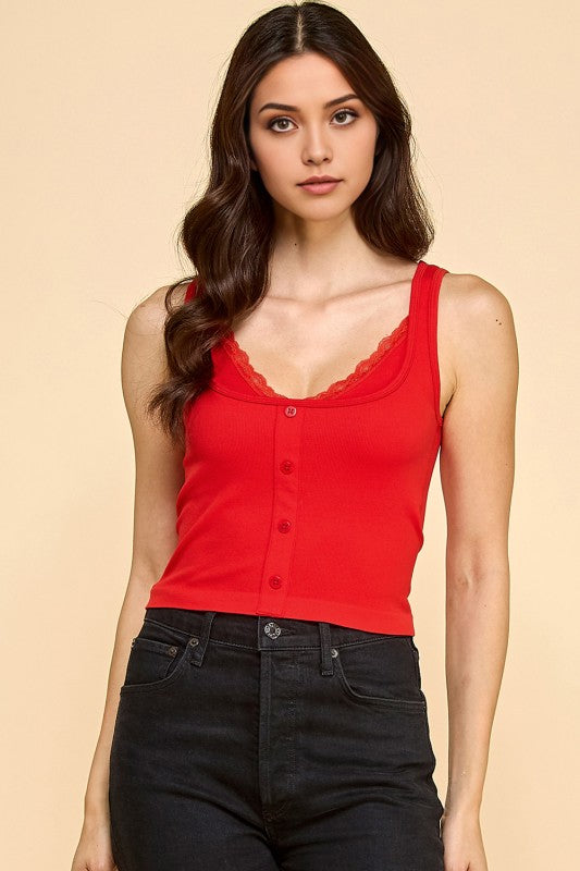 PT33 BUTTON FRONT TANK TOP WITH LACE TRIM CAMI