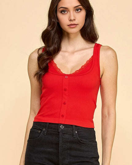 PT33 BUTTON FRONT TANK TOP WITH LACE TRIM CAMI