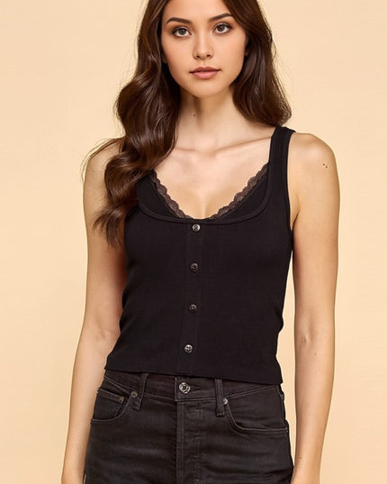 PT33 BUTTON FRONT TANK TOP WITH LACE TRIM CAMI
