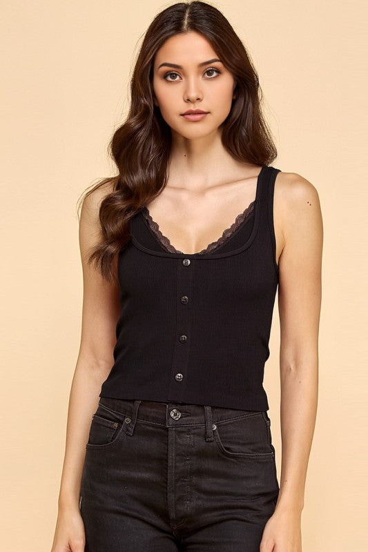PT33 BUTTON FRONT TANK TOP WITH LACE TRIM CAMI