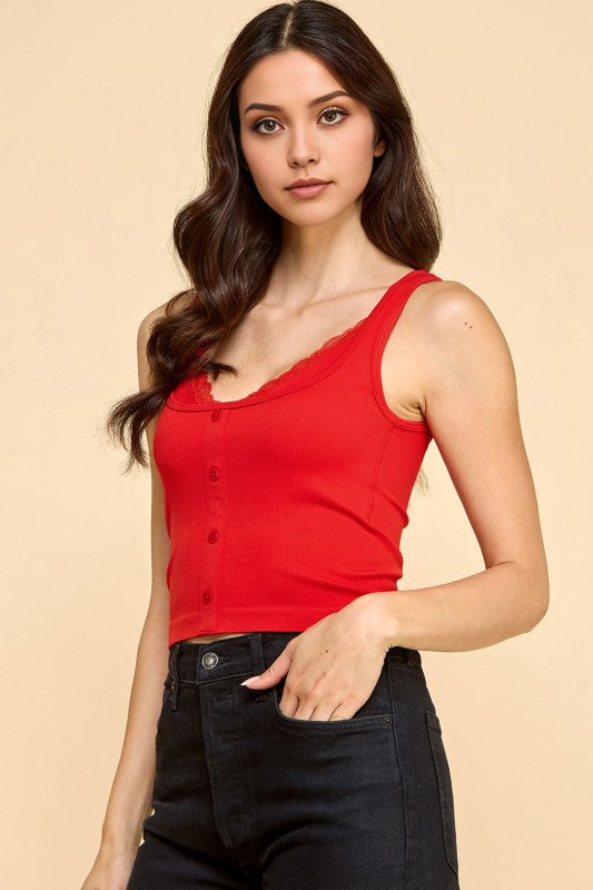 PT33 BUTTON FRONT TANK TOP WITH LACE TRIM CAMI