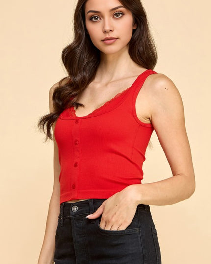 PT33 BUTTON FRONT TANK TOP WITH LACE TRIM CAMI