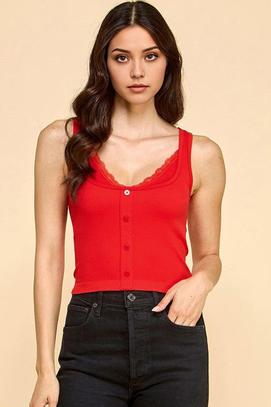 PT33 BUTTON FRONT TANK TOP WITH LACE TRIM CAMI