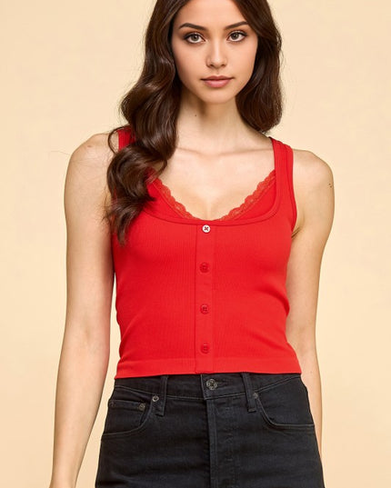 PT33 BUTTON FRONT TANK TOP WITH LACE TRIM CAMI