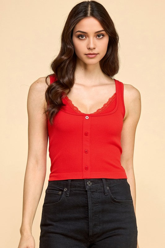 PT33 BUTTON FRONT TANK TOP WITH LACE TRIM CAMI