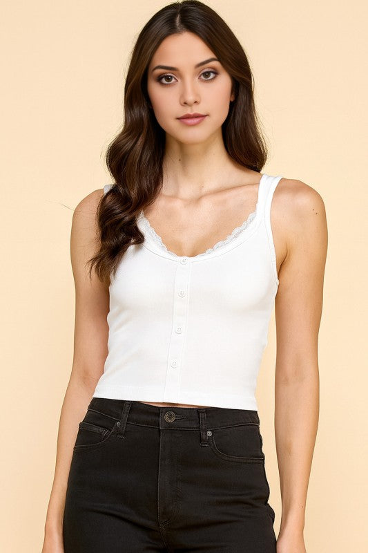 PT33 BUTTON FRONT TANK TOP WITH LACE TRIM CAMI