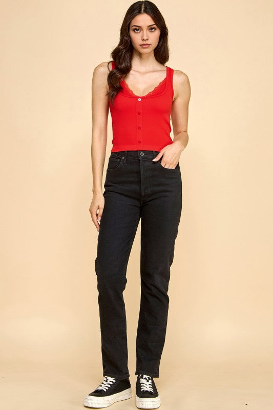 PT33 BUTTON FRONT TANK TOP WITH LACE TRIM CAMI