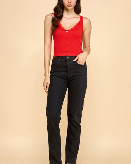 PT33 BUTTON FRONT TANK TOP WITH LACE TRIM CAMI