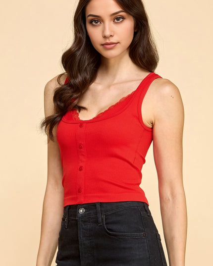 PT33 BUTTON FRONT TANK TOP WITH LACE TRIM CAMI