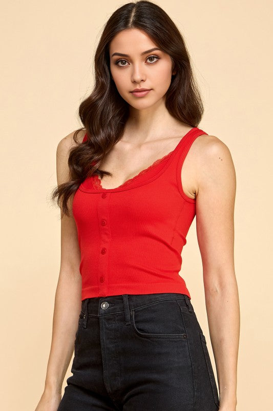 PT33 BUTTON FRONT TANK TOP WITH LACE TRIM CAMI