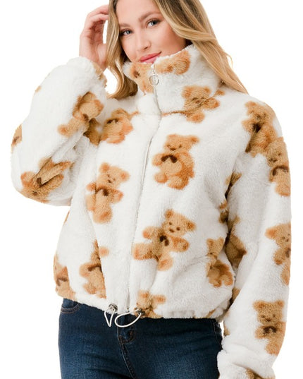 JACKET01 BEAR PRINT FAUX FUR JACKET