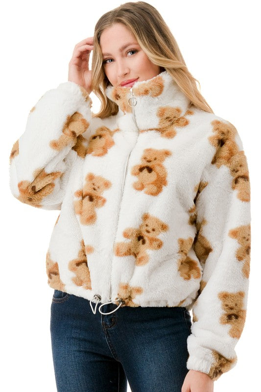JACKET01 BEAR PRINT FAUX FUR JACKET