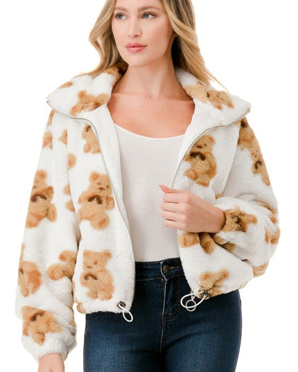 JACKET01 BEAR PRINT FAUX FUR JACKET
