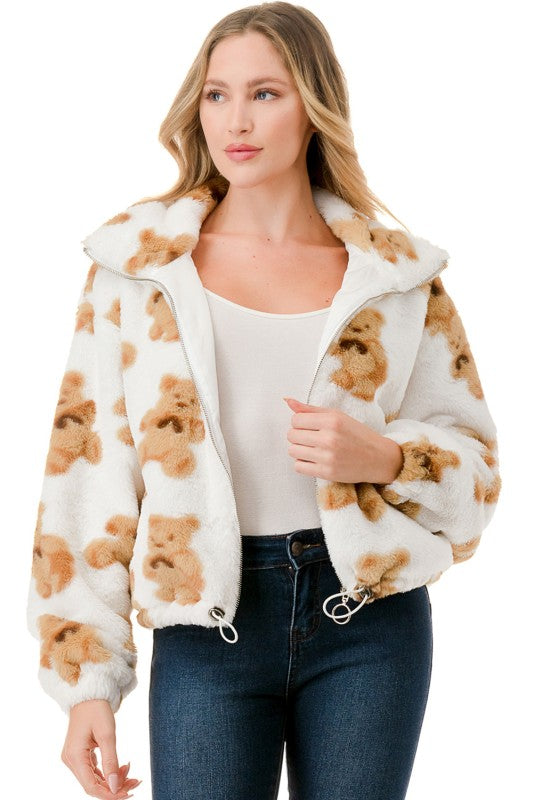 JACKET01 BEAR PRINT FAUX FUR JACKET