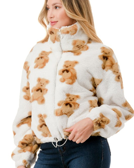 JACKET01 BEAR PRINT FAUX FUR JACKET