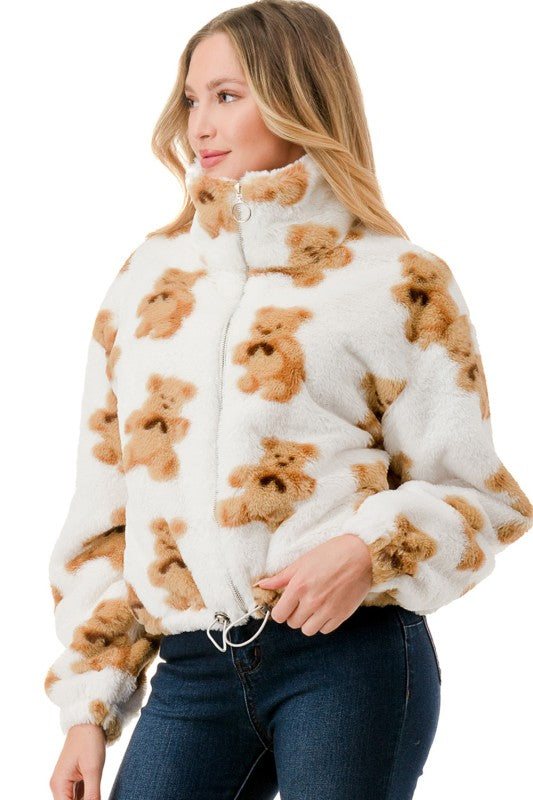 JACKET01 BEAR PRINT FAUX FUR JACKET
