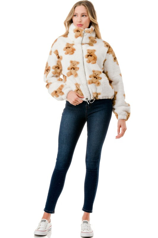 JACKET01 BEAR PRINT FAUX FUR JACKET