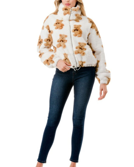 JACKET01 BEAR PRINT FAUX FUR JACKET