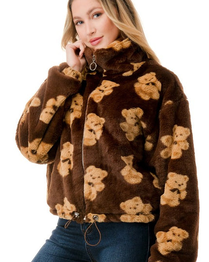JACKET01 Brown Bear Print Faux Fur Jacket
