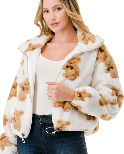 JACKET01 BEAR PRINT FAUX FUR JACKET