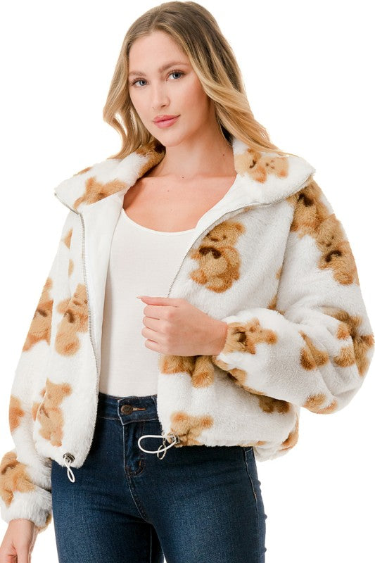JACKET01 BEAR PRINT FAUX FUR JACKET