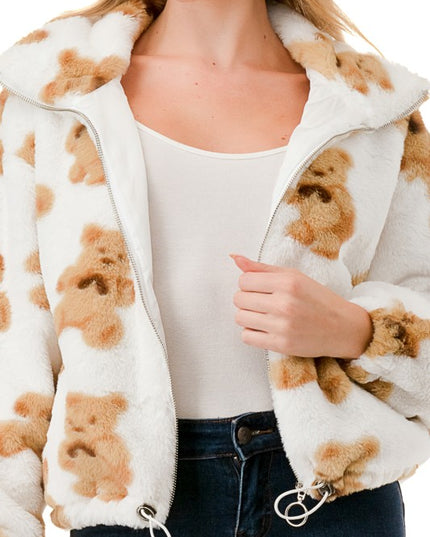 JACKET01 BEAR PRINT FAUX FUR JACKET