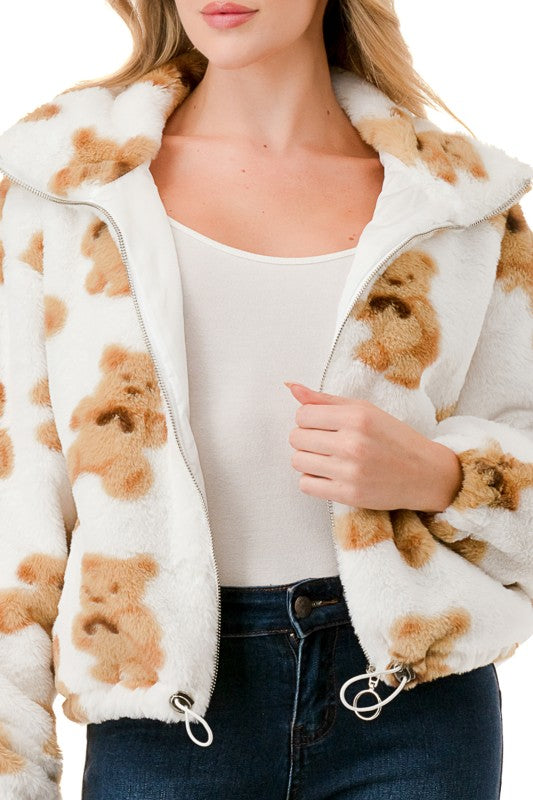 JACKET01 BEAR PRINT FAUX FUR JACKET
