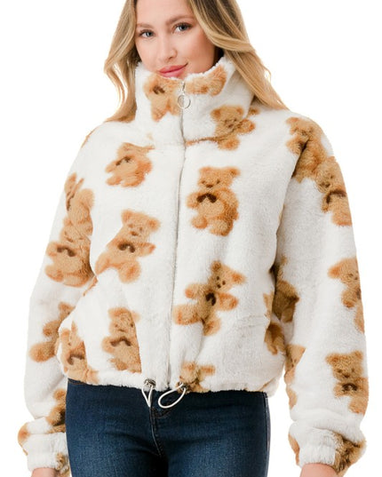 JACKET01 BEAR PRINT FAUX FUR JACKET