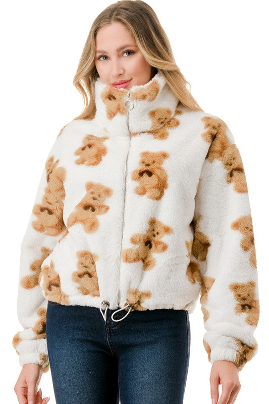 JACKET01 BEAR PRINT FAUX FUR JACKET
