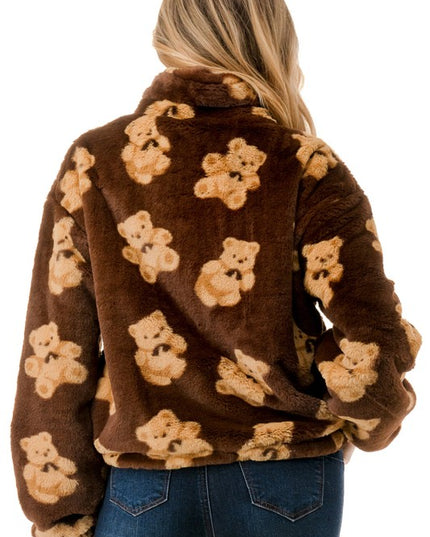 JACKET01 Brown Bear Print Faux Fur Jacket