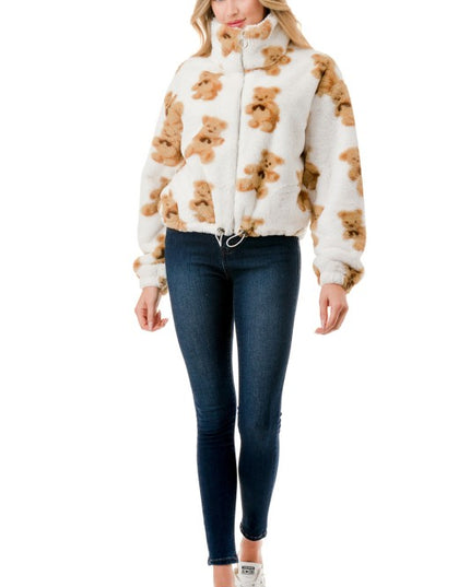 JACKET01 BEAR PRINT FAUX FUR JACKET