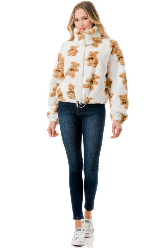 JACKET01 BEAR PRINT FAUX FUR JACKET