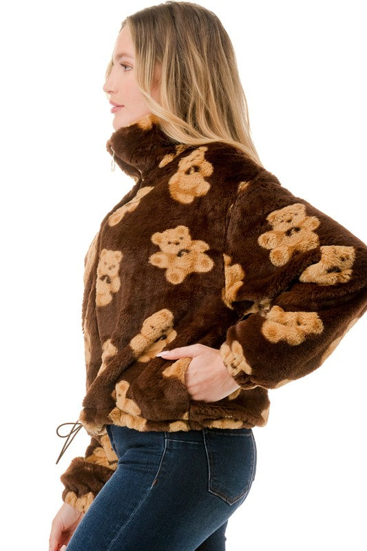 JACKET01 Brown Bear Print Faux Fur Jacket