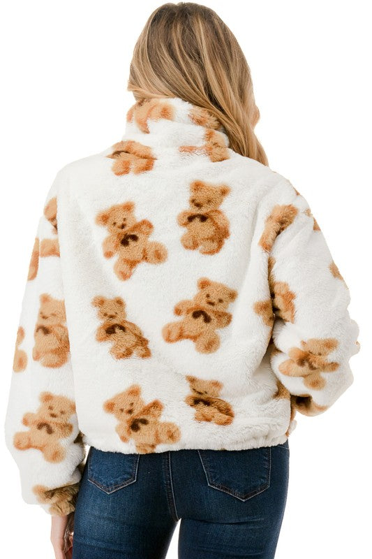 JACKET01 BEAR PRINT FAUX FUR JACKET
