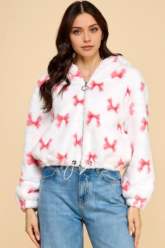 JACKET02 RIBBON PRINT FAUX FUR JACKET