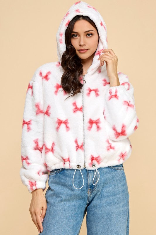 JACKET02 RIBBON PRINT FAUX FUR JACKET