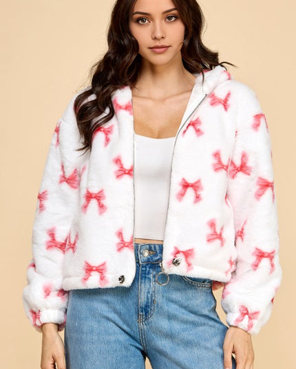 JACKET02 RIBBON PRINT FAUX FUR JACKET