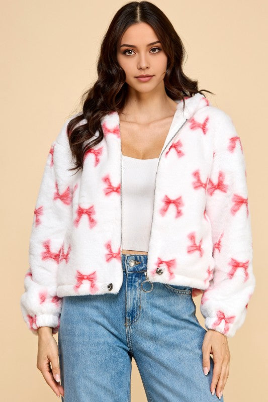 JACKET02 RIBBON PRINT FAUX FUR JACKET