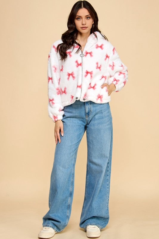 JACKET02 RIBBON PRINT FAUX FUR JACKET