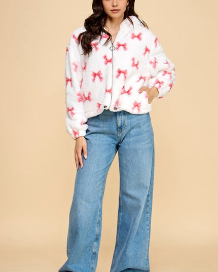 JACKET02 RIBBON PRINT FAUX FUR JACKET