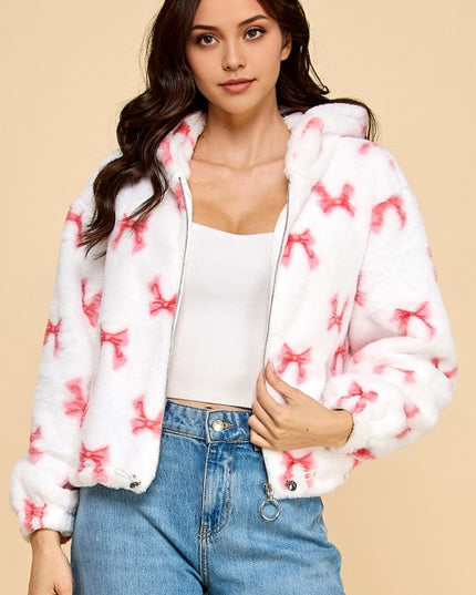 JACKET02 RIBBON PRINT FAUX FUR JACKET