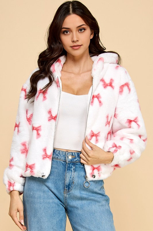JACKET02 RIBBON PRINT FAUX FUR JACKET