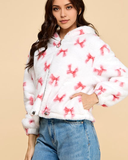 JACKET02 RIBBON PRINT FAUX FUR JACKET