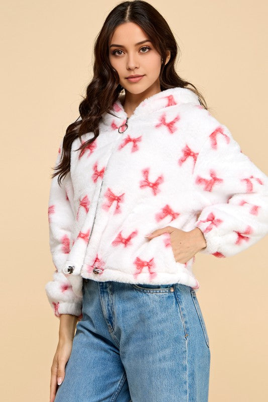 JACKET02 RIBBON PRINT FAUX FUR JACKET